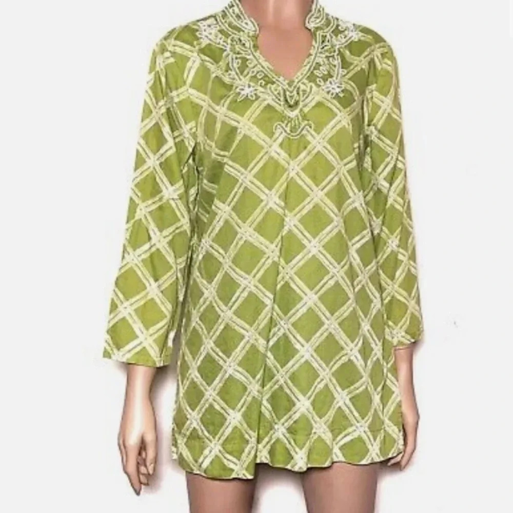 Brooks Brothers 346 Beaded Tunic Top Green and White
